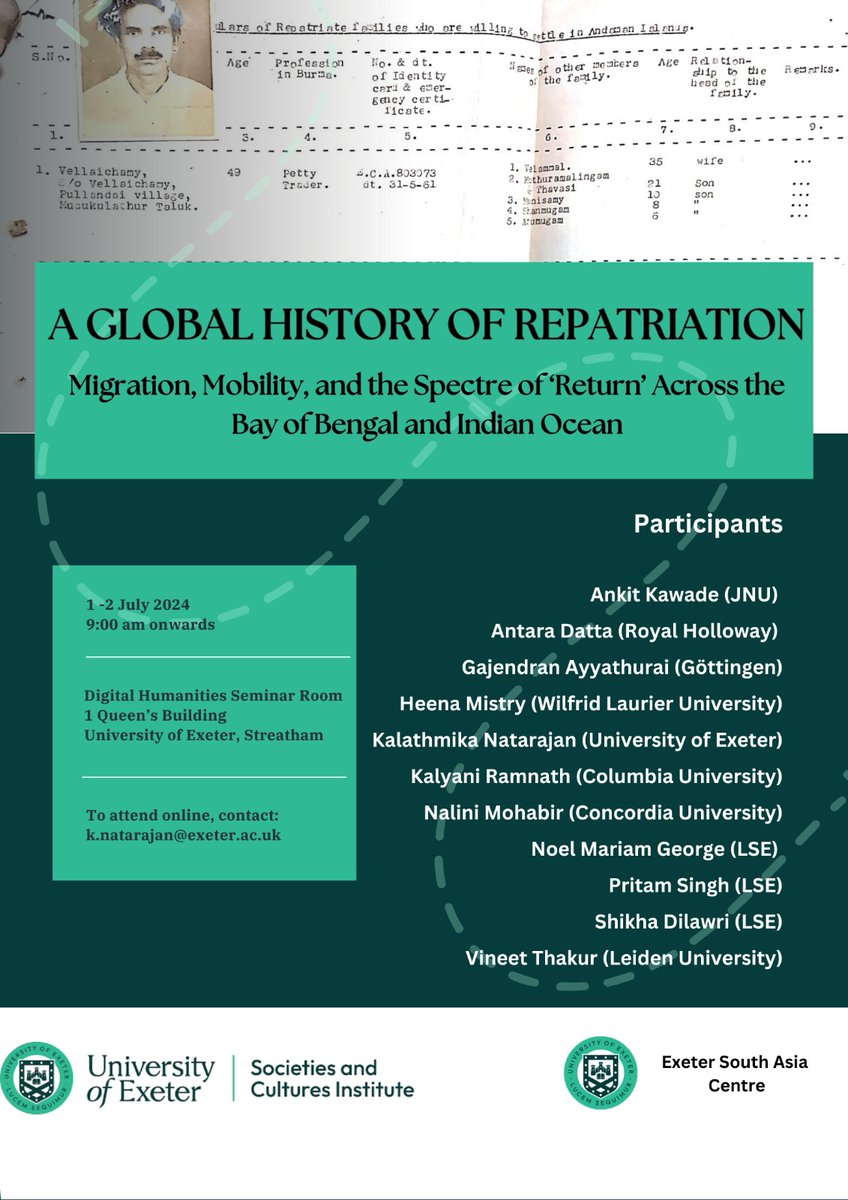 Kalathmika Natarajan (@kalathmikan) on Twitter photo Looking forward to organising this workshop on repatriation and mobility in South Asia from 1-2 July at Exeter. So thrilled to have such excellent participants join us! <a href="/SAsia_exeter/">Exeter South Asia - @exetersouthasia.bsky.social</a> <a href="/SCI_Exeter/">The Societies & Cultures Institute (SCI)</a> <a href="/UniOfExeterHASS/">Faculty of Humanities, Arts & Social Sciences</a> Looking forward to organising this workshop on repatriation and mobility in South Asia from 1-2 July at Exeter. So thrilled to have such excellent participants join us! <a href="/SAsia_exeter/">Exeter South Asia - @exetersouthasia.bsky.social</a> <a href="/SCI_Exeter/">The Societies & Cultures Institute (SCI)</a> <a href="/UniOfExeterHASS/">Faculty of Humanities, Arts & Social Sciences</a>