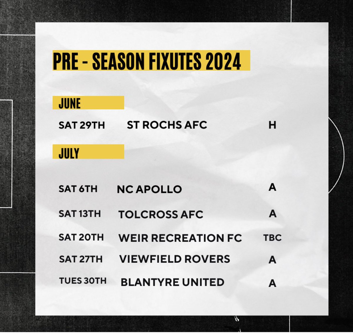 Full pre season fixture list starting this weekend . 

<a href="/scottish_aff/">AmateurFixturesResultsSCO</a>