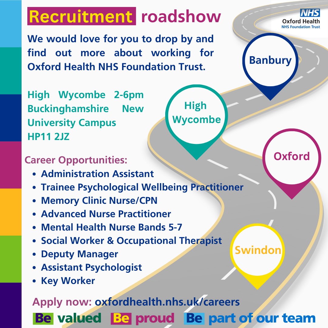 OHFTCareers's tweet photo. We are hosting a ‘Recruitment Roadshow’ in High Wycombe on 27th June 2-6pm. Sign up for a chat about opportunities to work in your local community for Oxford Health. Walk in's also welcome!

💻Book your space –https://t.co/kCDiGpvi1h

#OneOHFT #WorkWithUs #NHSJobs #JoinOurTeam https://t.co/ZX9mTk9QX3