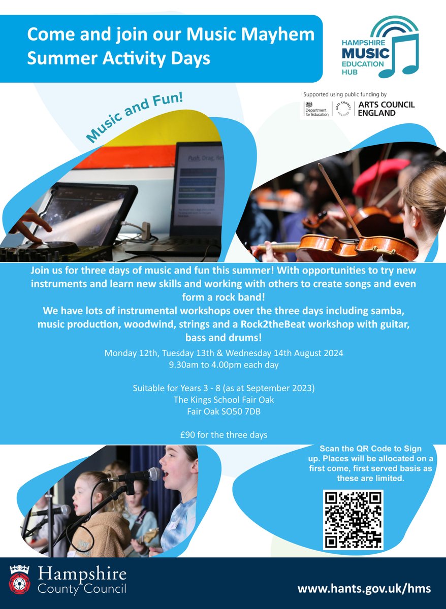 Summer Activity Days - Hampshire County Council are offering 3 days of Music Mayhem in August suitable for Years 3 to 8. #summeractivitydays