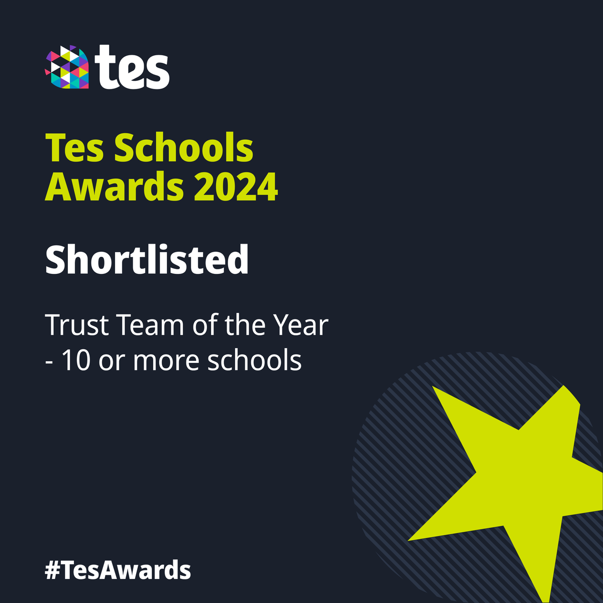 We're delighted that our whole team was shortlisted and then awarded a ‘highly commended’ at the #TesAwards <a href="/Tesforteachers/">Tes for Teachers</a>. Building a world-class network of schools takes considerable team effort - it’s right that everyone’s hard work has been noted by this recognition ⭐️