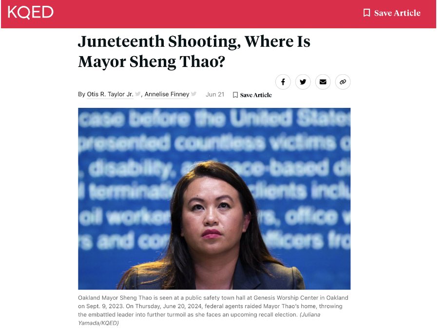 lorenmtaylor's tweet photo. My heart is breaking for my hometown. 💔 

Many Oaklanders lost trust in Mayor Thao a long time ago, but now an FBI raid tied to corruption accusations and her deafening silence in the wake of 15 people shot at Lake Merritt on Juneteenth confirm a complete dereliction of duty. 

Unfortunately, I expect that when we hear from the mayor, we will listen to more “spin” and excuses, but receive none of the answers that Oaklanders deserve. Oaklanders do not feel safe in our city. They do not trust City Hall. And they have no confidence that the mayor or her council allies are prioritizing the best interests of residents ahead of political ambitions. 

This past week has not only been a national embarrassment for our city, but it has significantly eroded public trust in our government which makes it nearly impossible for the current administration to be effective moving forward.

#Oakland #LeadershipMatters