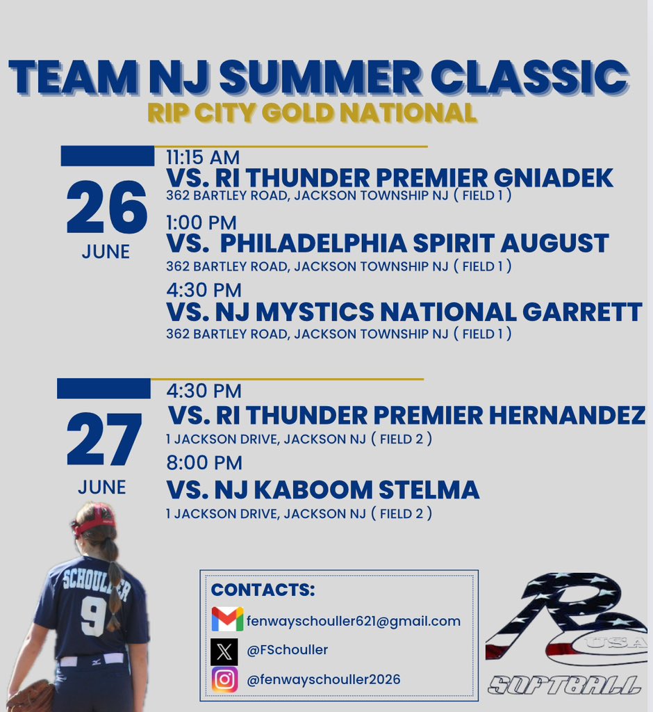 Come watch <a href="/18uCovino/">Rip City Gold National</a> play this week in Jackson Township, NJ! 
<a href="/ExtraInningSB/">EXTRA INNING SOFTBALL</a> <a href="/SoftballRip/">Rip City USA Softball</a> <a href="/sballrecruiting/">softballrecruiting.com</a> <a href="/CoastRecruitsSB/">Coast Recruits 🥎</a> <a href="/SBRRetweets/">Softball Recruiting Reposts</a>