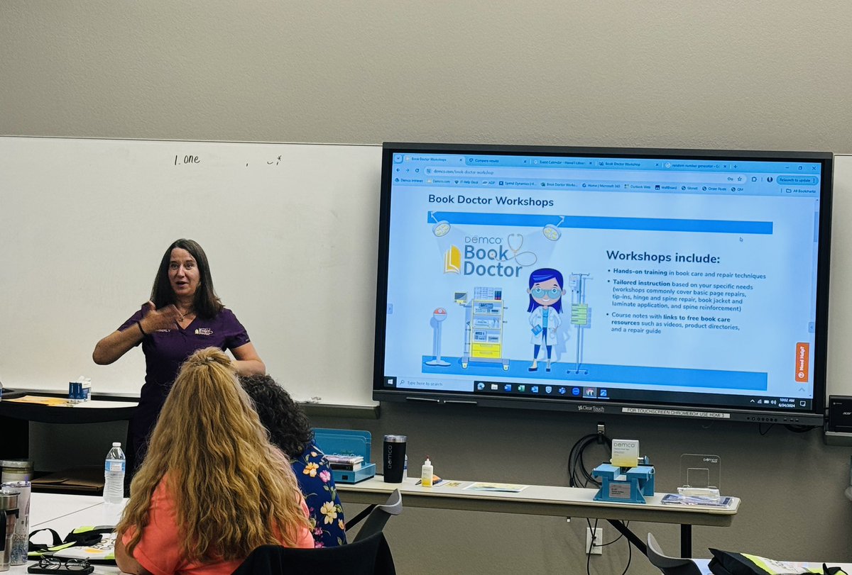 So excited to have the <a href="/demco/">Demco</a>  #BookDoctor here at <a href="/Region7ESC/">Region 7 ESC</a> 
Kimberly Young is sharing all to her book repair knowledge! 📚<a href="/LibraryMP7/">Michael "The Librarian" Pettiette</a>
