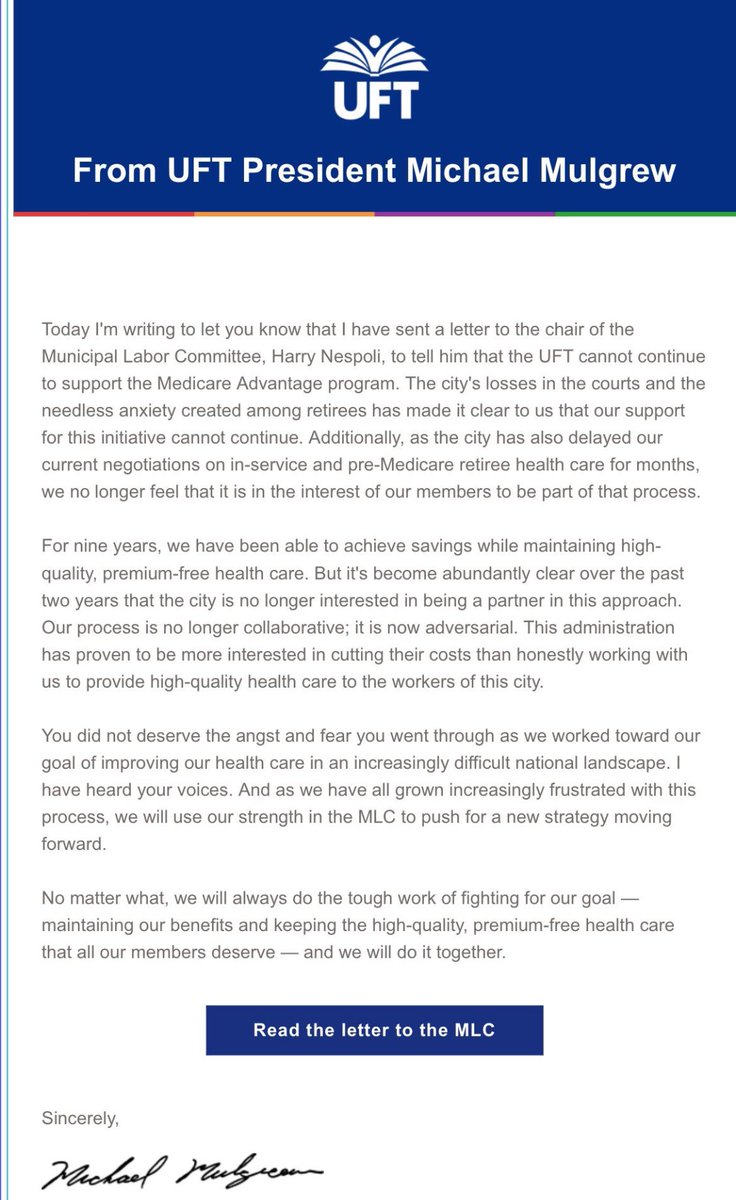 Now Mulgrew wants to sell to the members a new narrative. He personally allowed the appendix to the CBA that called for give backs from health care. After he loses vote for Retirees Chapter, Mulgrew changes his tune.