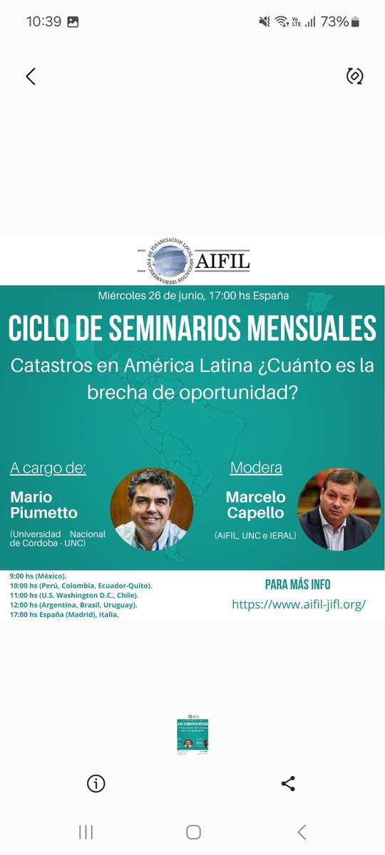 Este miércoles 26 de junio a las 17 España, en el marco del Ciclo de Seminarios Mensuales de, conversaremos sobre los "Catastros en América Latina, ¿Cuánto es la brecha de oportunidad?"  Diserta: Mario Piumetto (UNC), modera: Marcelo Capello. Mas info: aifil-jifl.org