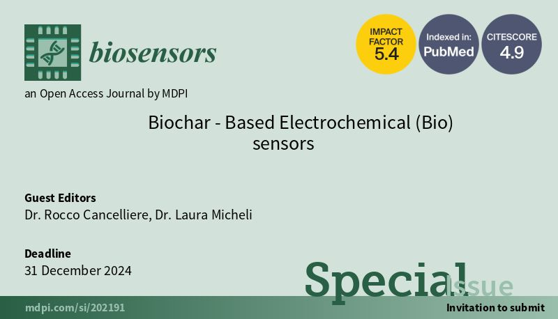 We are pleased to announce a call for submissions for the upcoming Special Issue on “Biochar-Based Electrochemical (Bio)sensors.” 
We look forward to receiving your valuable submissions.
mdpi.com/journal/biosen…