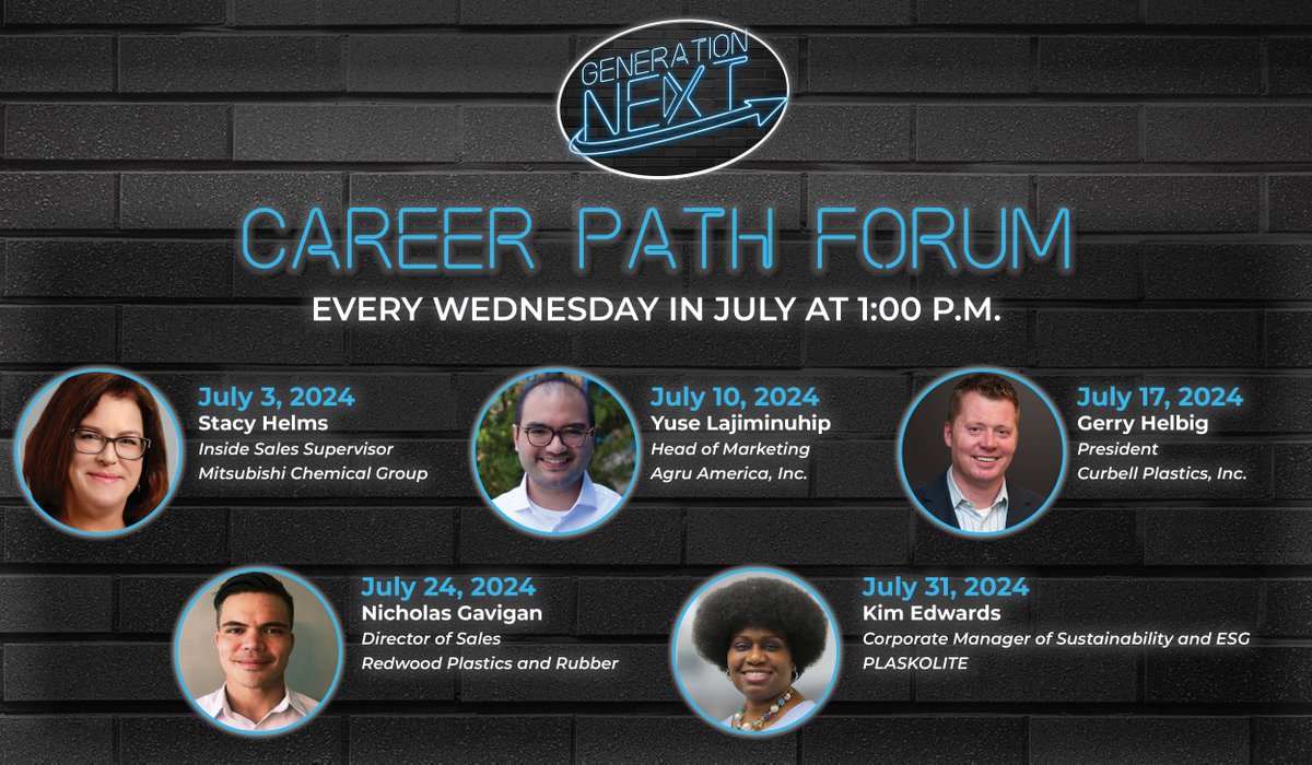 Join GenerationNext every Wednesday in July for the annual Career Path Forum and learn about the longevity of a career in performance plastics! bit.ly/4cwTLN0

#GenerationNext #PerformancePlastics