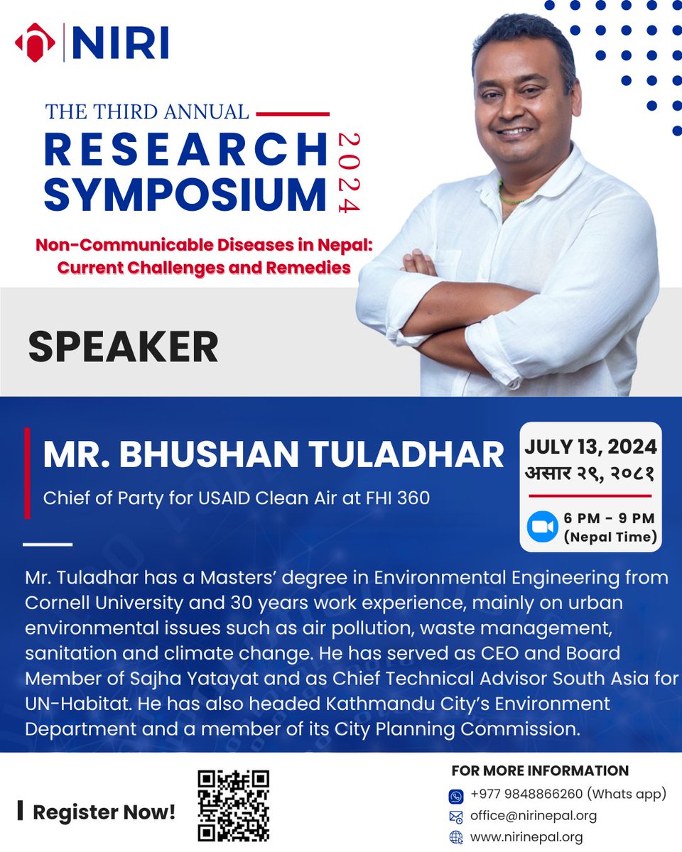 nirinepal's tweet photo. 𝐌𝐞𝐞𝐭 𝐎𝐮𝐫 𝐒𝐩𝐞𝐚𝐤𝐞𝐫
Mr. Bhushan Tuladhar
@BhushanTuladhar

Register Now!
https://t.co/jJXvzlhgXN

#NIRIAnnualResearchSymposium2024 #NIRIARS2024 #ResearchSymposium #NIRINepal https://t.co/fqXywLdhu0