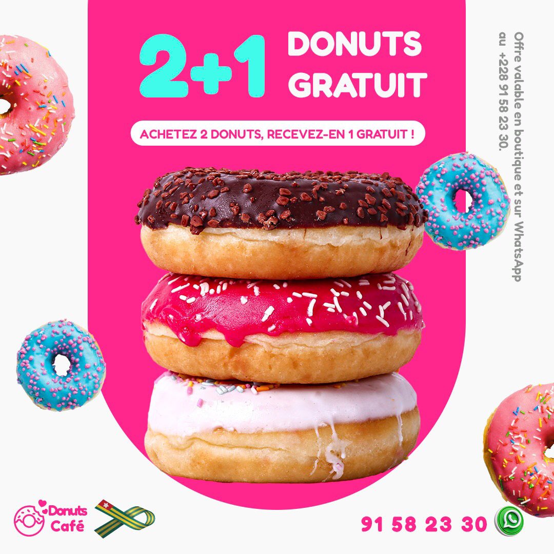 🍩🚨Promo 🎁 Spéciale chez Donuts Café ! Achetez 2 donuts, recevez-en 1 GRATUIT ! 😋 🍩🍩➕🍩🇹🇬

Valable en boutique et sur WhatsApp au +228 91 58 23 30. Ne ratez pas cette offre délicieuse !

#DonutsCafé #Promo #Lomé #Gourmandise #Giveaway #DélicesSucrés #tgtwittos