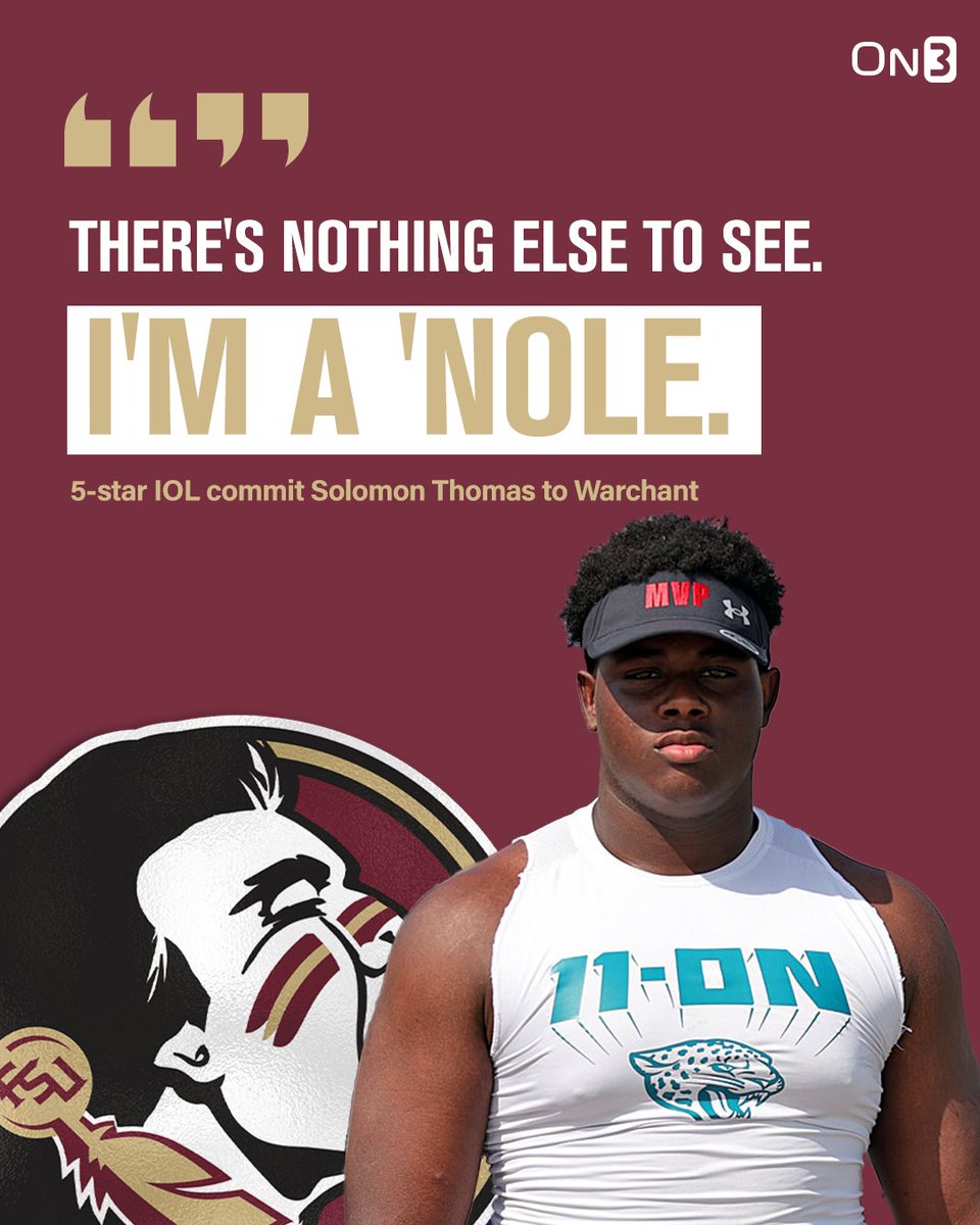 Rivals's tweet photo. Florida State 5-star IOL commit Solomon Thomas says he's locked in with the 'Noles after official visits to LSU and Florida🍢

More from @Warchant: https://t.co/pWuqsKxyY8 https://t.co/s6DilrInEV