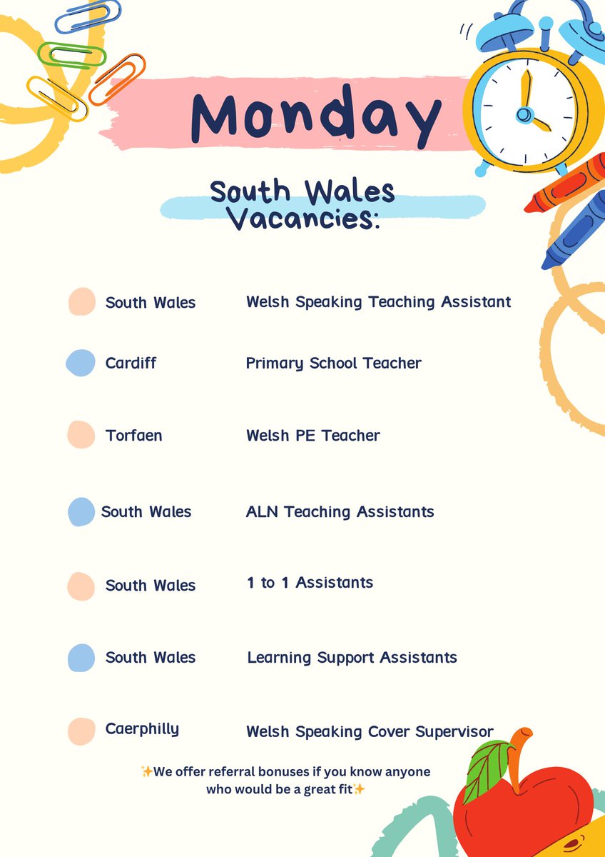 Our live vacancies for South Wales starting ASAP⏳

Get in touch if any of the following interest you:

📧cardiff@teameducate.co.uk
☎️02922 700 222

#TeamEducateLtd #southwales #vacancies #agency #teacherjobs  #supplyjobs #cardiffjobs