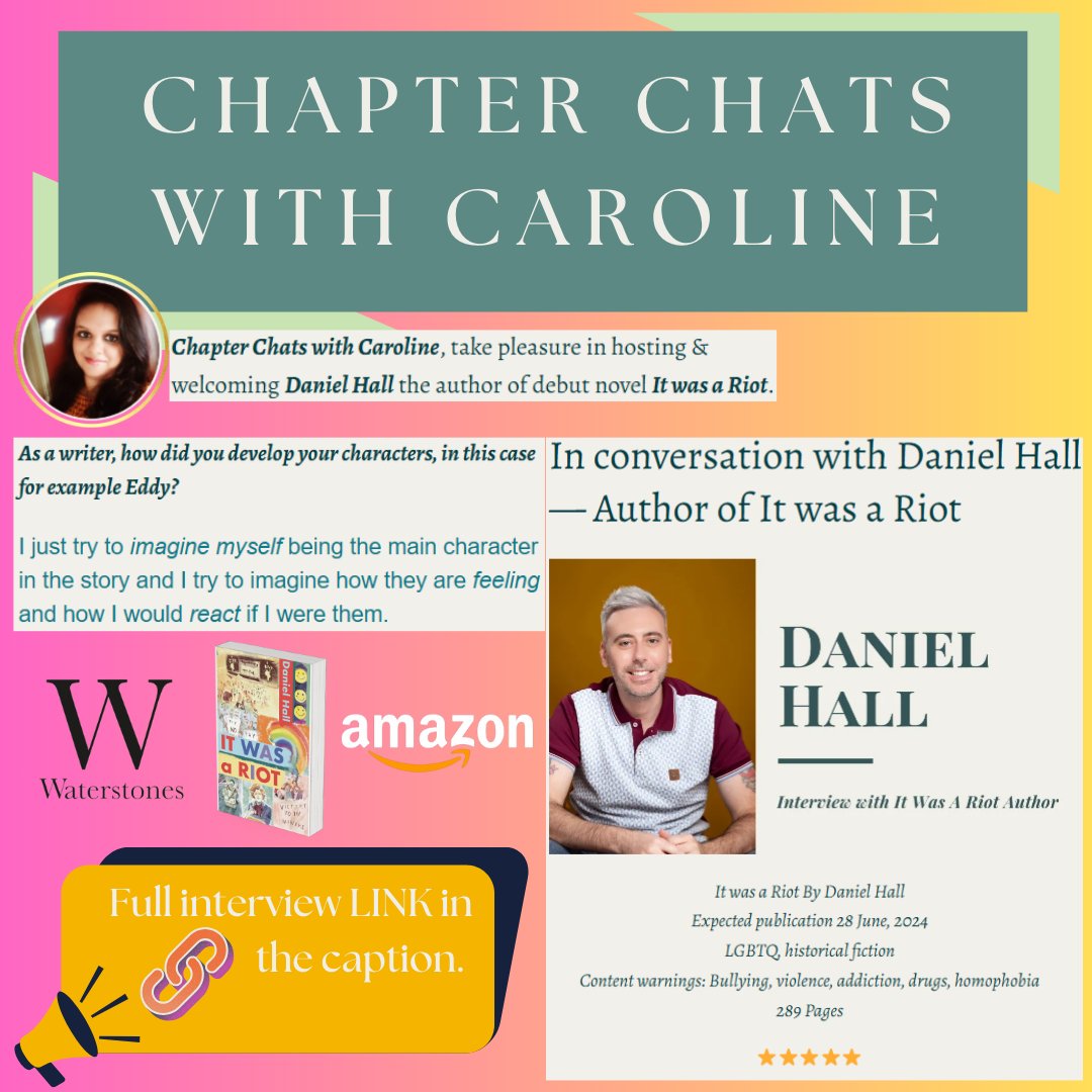 DanHallAuthor's tweet image. Delighted to introduce Daniel Hall, author of the captivating debut novel 'It was a Riot'! 📚 Join us for engaging Chapter Chats with Caroline as we dive into the world of storytelling and literary adventures.

#ChapterChats #DebutNovel #AuthorInterview #LiteraryConversations