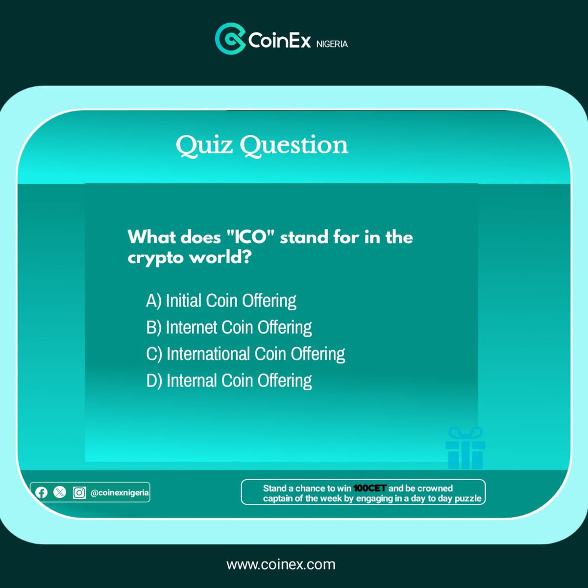 Crypto quiz 107

Comment the correct answer and tag 2 friends to join. 
Like, rtw &amp; Follow  @CoinExNigeria