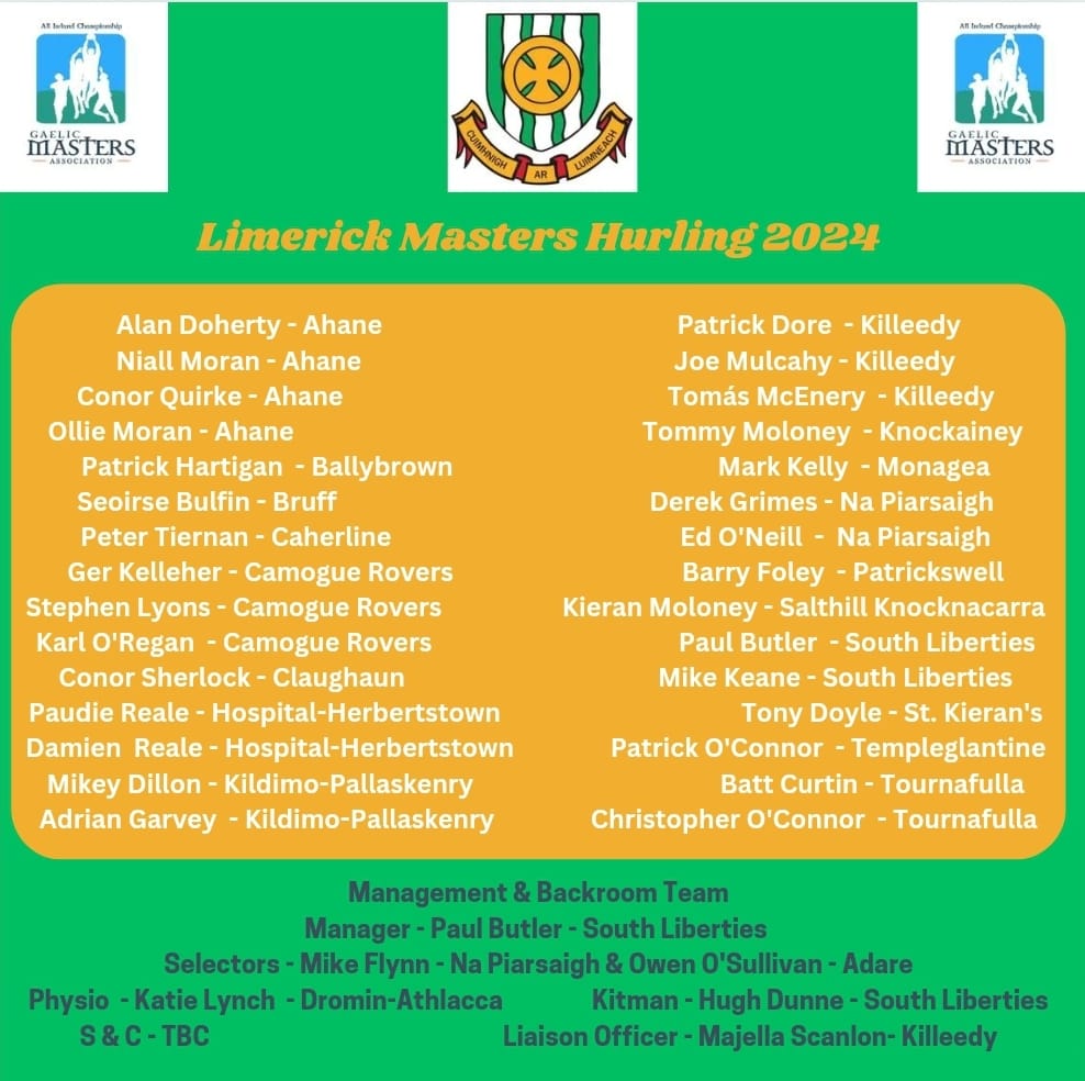 A huge congratulations to the evergreen Adrian Garvey &amp; Mikey Dillon who have both been named as part of the Limerick Masters hurling panel for 2024!

They are joined by some illustrious names in what is sure to be an intriguing competition.