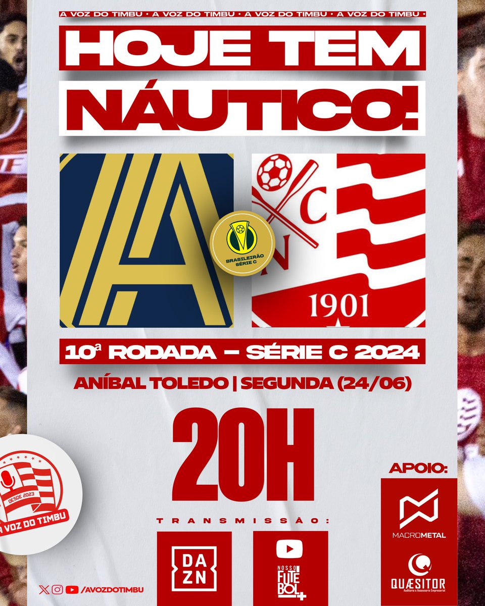 avozdotimbu's tweet photo. HOJE TEM NÁUTICO! #PraCimaDelesTimbu 🇦🇹
🆚 Aparecidense/GO x Náutico
🏆 Campeonato Brasileiro Série C 2024
🏁 10ª Rodada
📅 Segunda (24/06)
⏰ 20h
📍 Aníbal Toledo
📺 DAZN e Nosso Futebol (YouTube)
#AVozDoTimbu 📢🐭 https://t.co/zH3ESci3i4