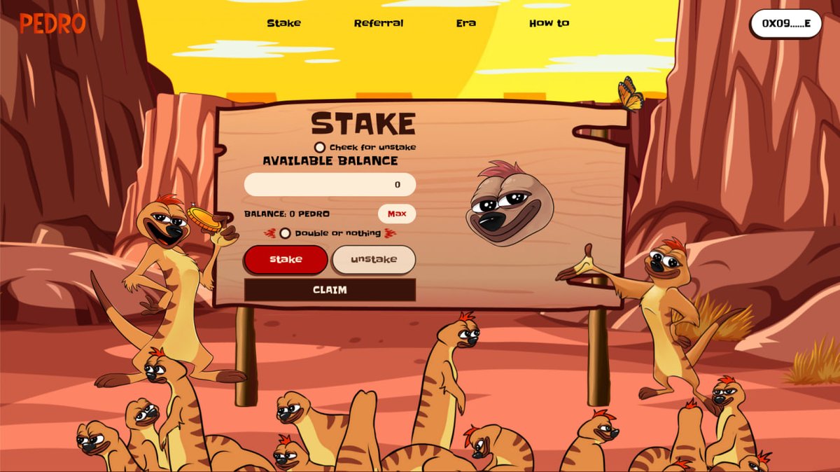 GM Mongooses and Meerkats !

The $PEDRO staking platform is ready ! LFG 🚀

Complete mechanics of the new meta staking protocol: docs.pedro.meme.

How to stake your PEDRO:

➡️ Firstly go to staking.pedro.meme/stake
➡️ Press on the connect wallet and connect yours by