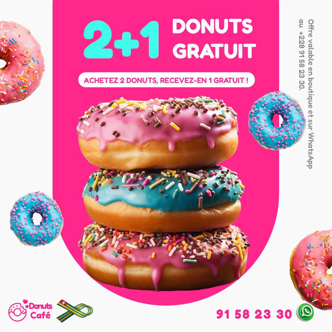 🍩🚨Promo 🎁 Spéciale chez Donuts Café ! Achetez 2 donuts, recevez-en 1 GRATUIT ! 😋 🍩🍩➕🍩🇹🇬

Valable en boutique et sur WhatsApp au +228 91 58 23 30. Ne ratez pas cette offre délicieuse !

#DonutsCafé #Promo #Lomé #Gourmandise #Giveaway #DélicesSucrés #TgTwittos