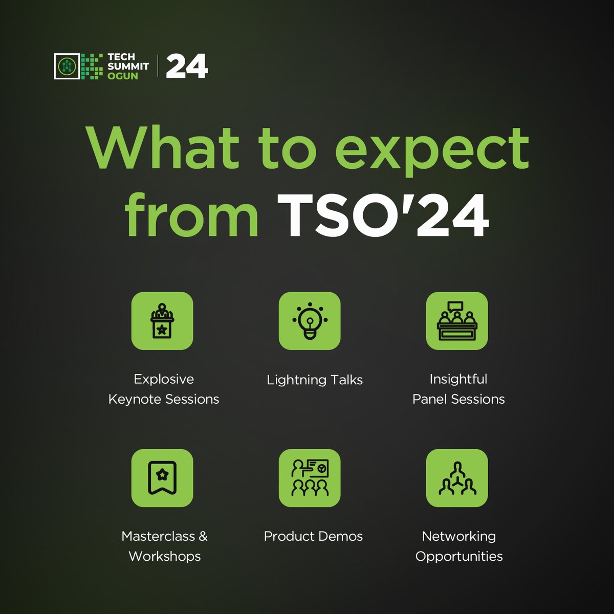 TechSummitOgun's tweet photo. Here's an overview of the exciting things we are cooking for #TSO24.

Stay tuned for more information as we unveil it. Then, register to attend the specific days of the summit you'll be present at - https://t.co/MfHvH21d03💚
#TechSummitOgun #DisruptiveInnovation #AgeofDisruption https://t.co/V7Vj0B81DI