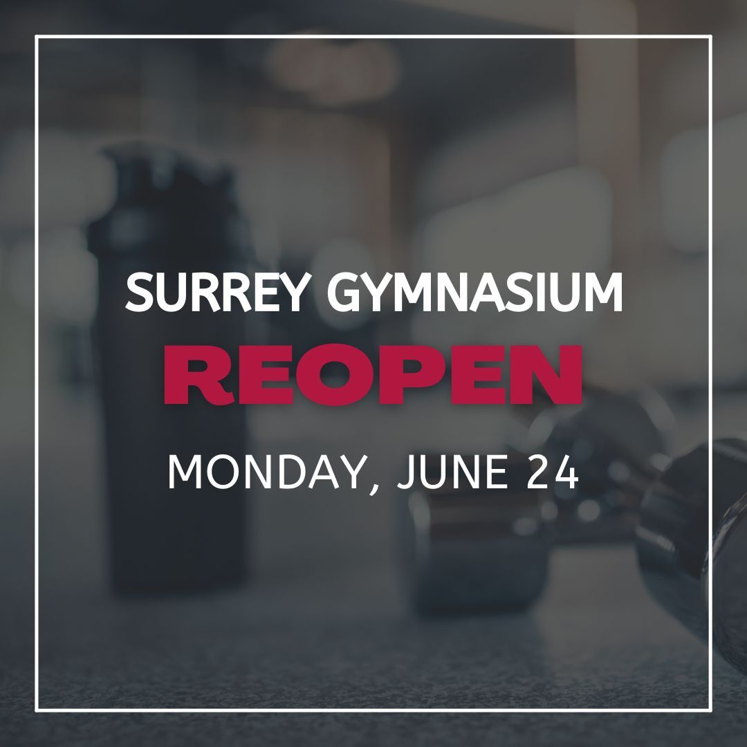 Gymnasium re-opens today – join us between 8:00am and 9:45pm (open gym all day).