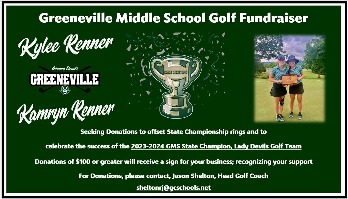 GMS Athletics, Golf 
The GMS Golf Team is seeking area businesses and private donors for donations to offset State Championship rings for the 23-24 State Champion, Lady Devils.
If interested, please email Coach Shelton.
Go Devils!
@gms_tn <a href="/racheladamstn/">Dr. Rachel Adams</a> <a href="/CoachMcCall65/">Andy McCall</a> <a href="/JAYMANgms/">Jason Shelton</a>