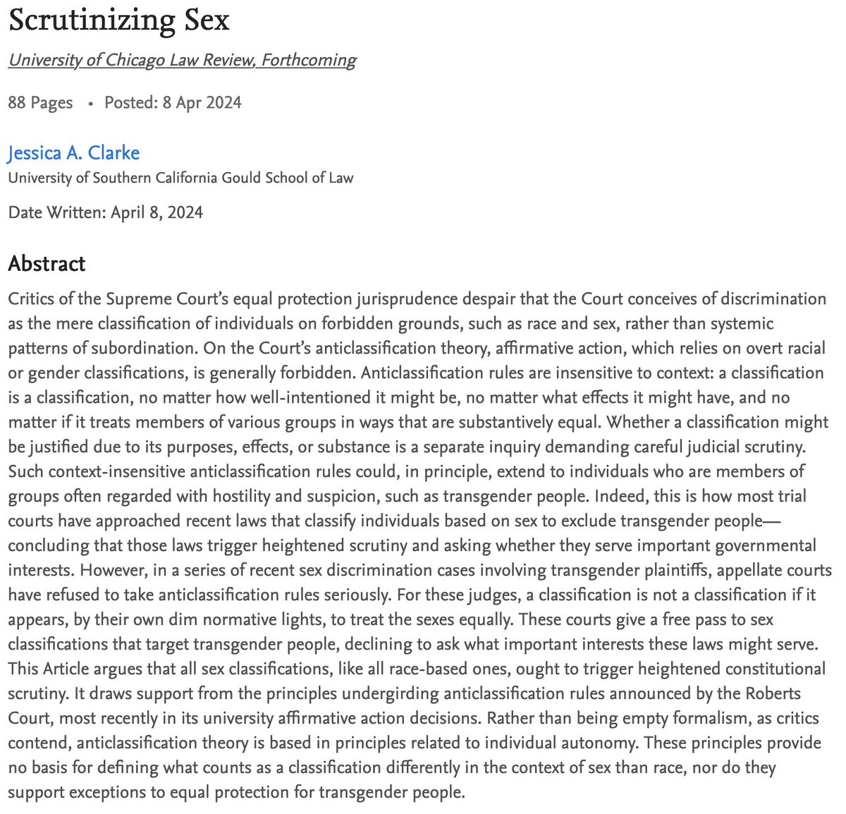 The Supreme Court just granted cert on transgender health care bans. It should reverse Skrmetti, which is inconsistent with equal protection law and principles. I make the argument in my forthcoming article in the Chicago Law Review: papers.ssrn.com/sol3/papers.cf…