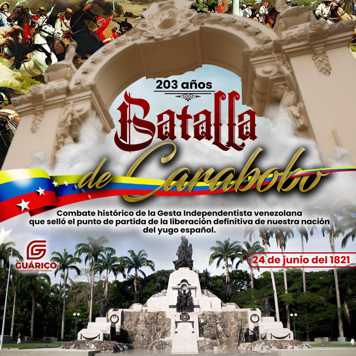 Hace 203 años el padre de la Patria, Simón Bolívar, junto al ejército Libertador derrotaron a los españoles en la batalla que puso el sello definitivo a la gesta independentista. Hoy Carabobo nos recuerda el legado histórico de lucha por la soberanía del país. ¡Viva la Patria!