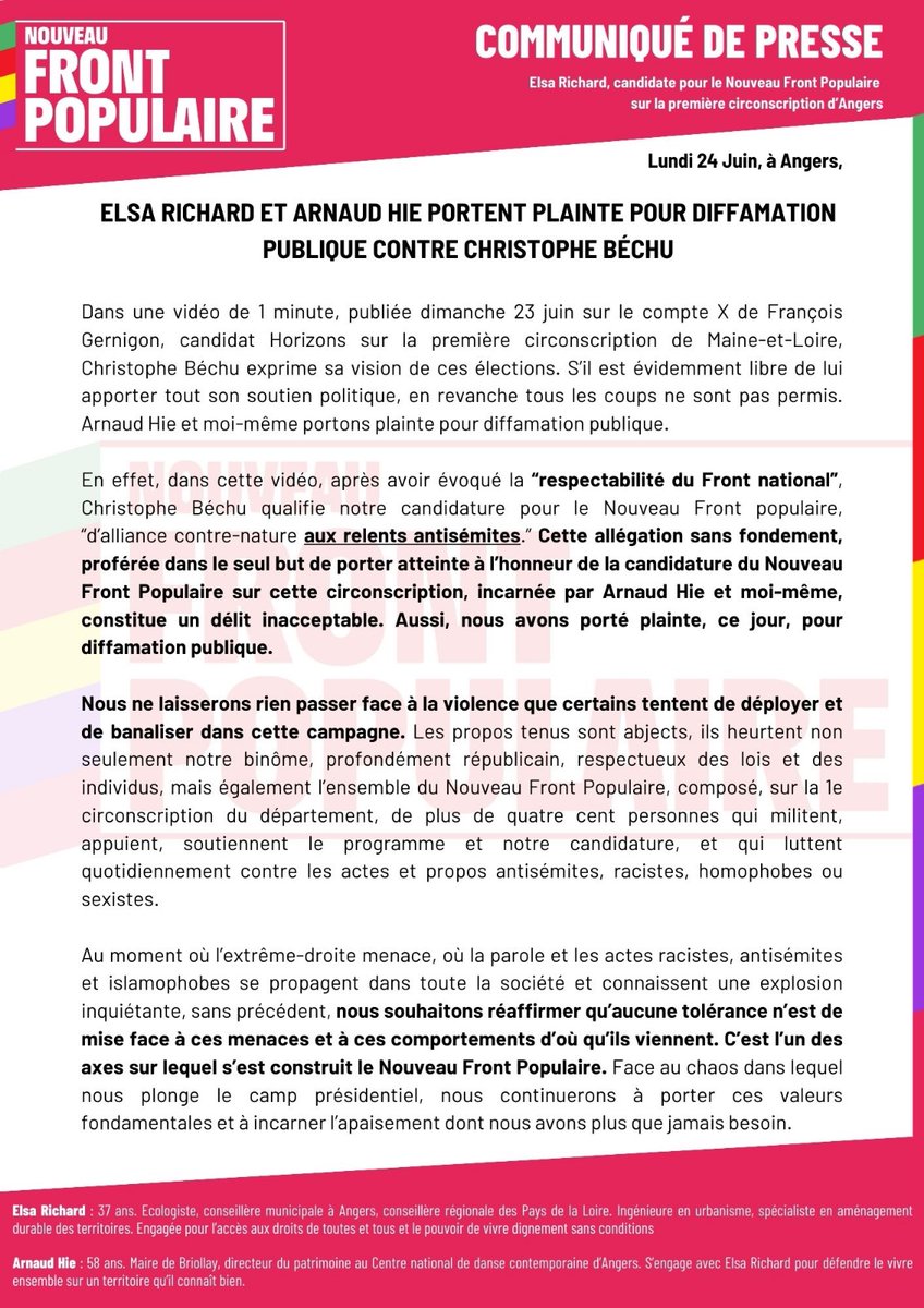 _elsarichard's tweet photo. J'ai porté plainte auprès du Procureur de la République suite aux propos diffamatoires tenus par M. BÉCHU hier sur x : https://t.co/qn2eFQRsNw
Comme déjà exprimé, nous ne laisserons passer aucune dérive, ne céderons à aucune provocation, de quelque bord qu'elle vienne #circo4901 https://t.co/oqGAePxIXF