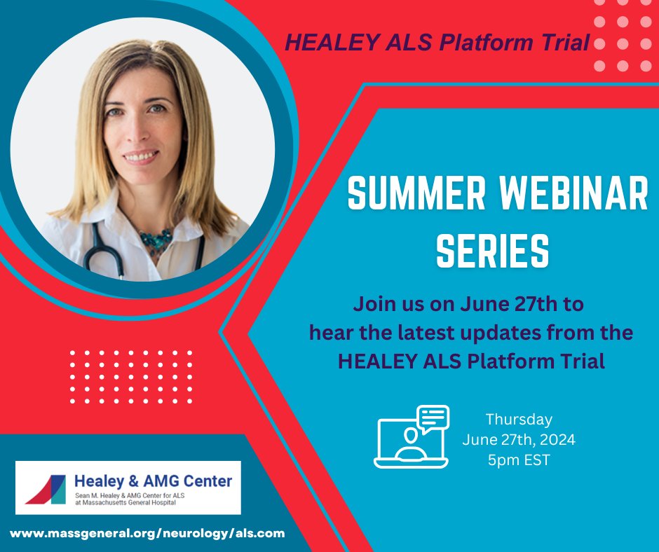 MGH Neurology (@mghneurology) on Twitter photo We are excited to continue our Summer Webinar series this week with our monthly platform trial update! Join <a href="/MeritCudkowicz/">Merit cudkowicz</a> & <a href="/PaganoniMDPhD/">Sabrina Paganoni, MD, PhD</a> on 6/27 at 5pm EST.
<a href="/ALSTDI/">ALS TDI</a> <a href="/alsassociation/">The ALS Association</a> <a href="/iamalsorg/">I AM ALS</a> <a href="/iamalsorg/">I AM ALS</a> <a href="/LesTurnerALS/">Les Turner ALS Foundation</a> <a href="/MDAorg/">Muscular Dystrophy Association</a> <a href="/everything_als/">EverythingALS</a> <a href="/alsone_official/">ALS ONE</a> <a href="/NEALSConsortium/">NEALS Consortium</a> We are excited to continue our Summer Webinar series this week with our monthly platform trial update! Join <a href="/MeritCudkowicz/">Merit cudkowicz</a> & <a href="/PaganoniMDPhD/">Sabrina Paganoni, MD, PhD</a> on 6/27 at 5pm EST.
<a href="/ALSTDI/">ALS TDI</a> <a href="/alsassociation/">The ALS Association</a> <a href="/iamalsorg/">I AM ALS</a> <a href="/iamalsorg/">I AM ALS</a> <a href="/LesTurnerALS/">Les Turner ALS Foundation</a> <a href="/MDAorg/">Muscular Dystrophy Association</a> <a href="/everything_als/">EverythingALS</a> <a href="/alsone_official/">ALS ONE</a> <a href="/NEALSConsortium/">NEALS Consortium</a>