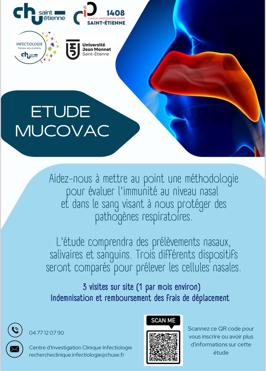 🔜 vous avez plus de 18 ans? Venez participer à l’étude MUCOVAC. Cette étude vise à développer des techniques pour analyser les cellules immunitaires nasales et du sang qui jouent un grand rôle dans la protection contre les virus respiratoires. 
Pour plus d’infos ⏬️