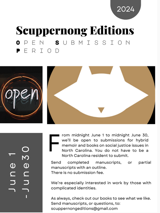 Sharpen your manuscript. The Open Submission period ends June 30. We're looking for exciting hybrid memoirs, and books on social justice themes in North Carolina. There's no fee to submit. More info at our website.