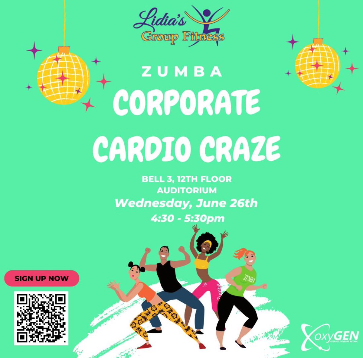Shake off the stress and step into fitness with our corporate Zumba session! Join oxyGEN for an electrifying fusion of dance and exercise that will energize your body and refresh your mind. 
Date: June 26, 2024 at 4:30-5:30pm

Register Here: lnkd.in/gPRftx3Z

#oxyGENDFW
