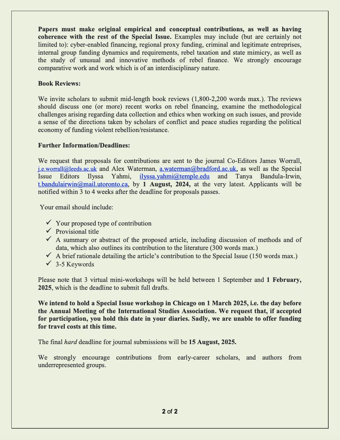 The Conflict Research Society (@crs_info) on Twitter photo Call for contributions to the special issue on the finances of insurgency and rebel governance - please send proposals to <a href="/_AlexWaterman/">Alex Waterman</a>, <a href="/PolViolence/">James Worrall</a> <a href="/ilyssa_y/">ilyssa</a> & <a href="/irwintanya/">Tanya Bandula-Irwin</a>.
Deadline: 1st August Call for contributions to the special issue on the finances of insurgency and rebel governance - please send proposals to <a href="/_AlexWaterman/">Alex Waterman</a>, <a href="/PolViolence/">James Worrall</a> <a href="/ilyssa_y/">ilyssa</a> & <a href="/irwintanya/">Tanya Bandula-Irwin</a>.
Deadline: 1st August