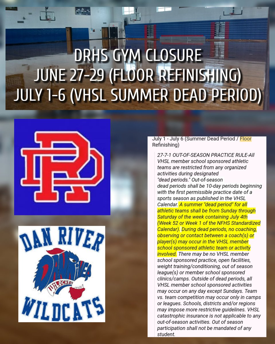 Please note the gymnasium will be closed during the following time frame:

June 27 - 29 (Floor Refinishing) 
July 1 - July 6 (Summer Dead Period / Floor Refinishing)
