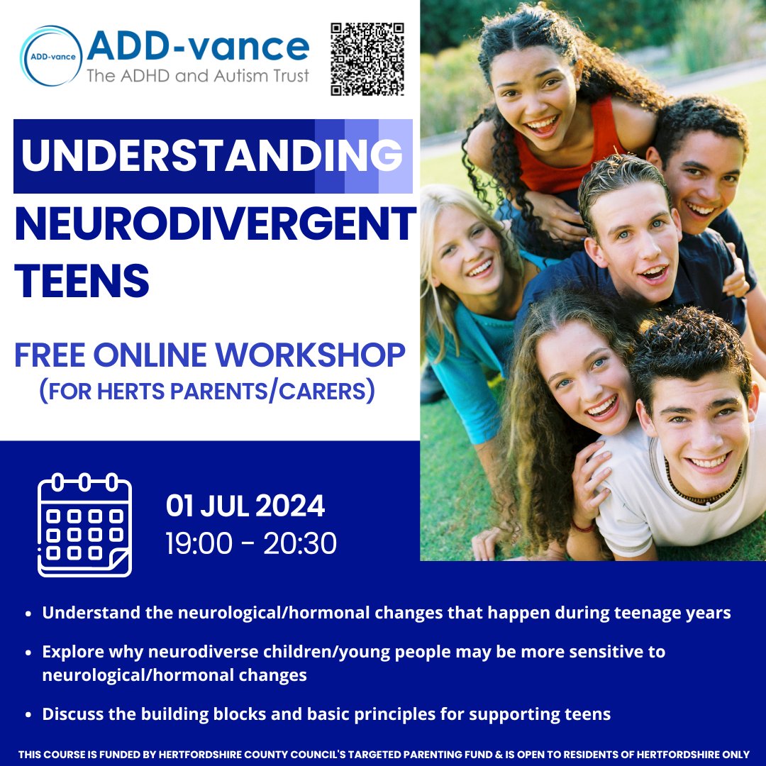VanceAdd's tweet photo. π£ FREE ONLINE WORKSHOP for Herts parents & carers π£
Understanding Neurodivergent Teens
Monday 1st July - 7 - 8.30pm
Book here: https://t.co/cr0S2pp5cj or scan QR code
#ADDvance #ADHD #autism #neurodiversity #neurodivergent #hertfordshire #teens #teenager #neurodivergentteens https://t.co/OwxV448FFM