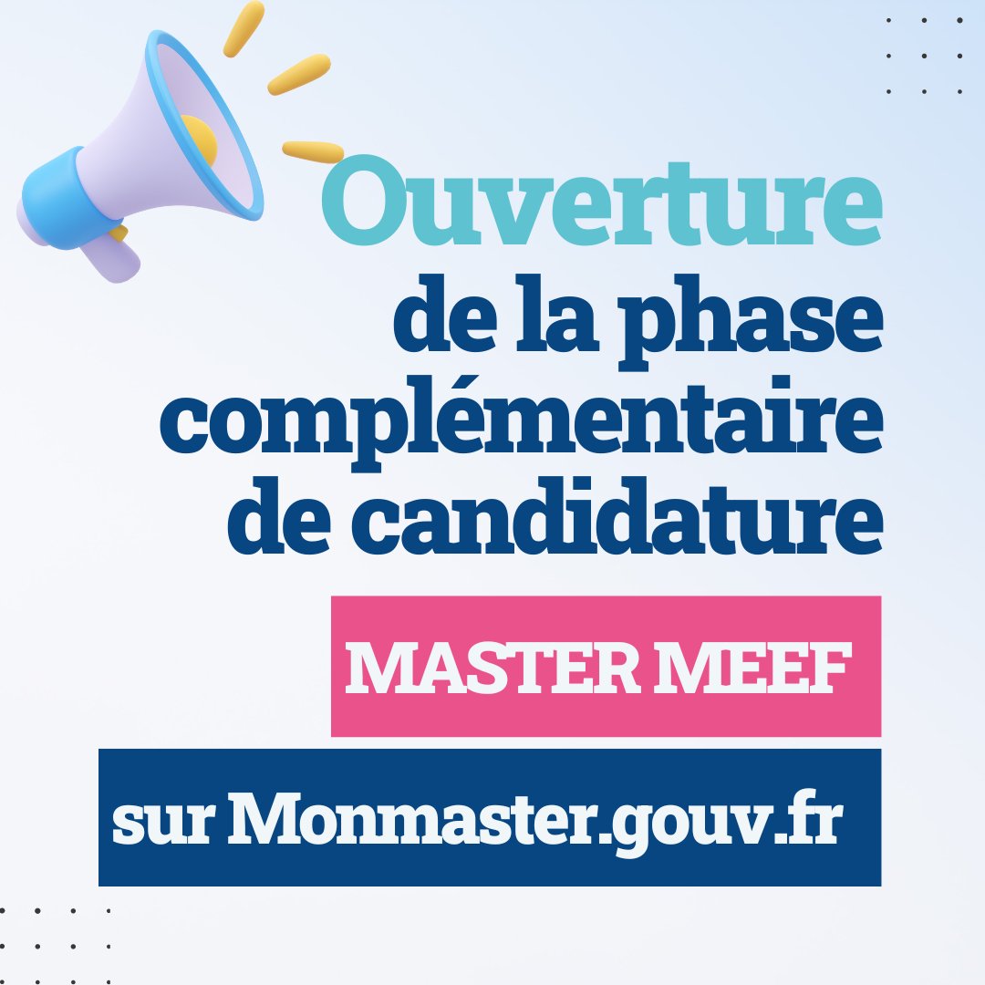 Ouverture de la phase de candidature complémentaire || 
Nouvelle chance pour candidater sur l’un de nos parcours de MASTER MEEF en Nouvelle-Aquitaine. 
Inscriptions :  👉1D : ow.ly/wMhY50SokuJ
  👉 2D : ow.ly/pQjQ50SokuI
#mastermeef #meef