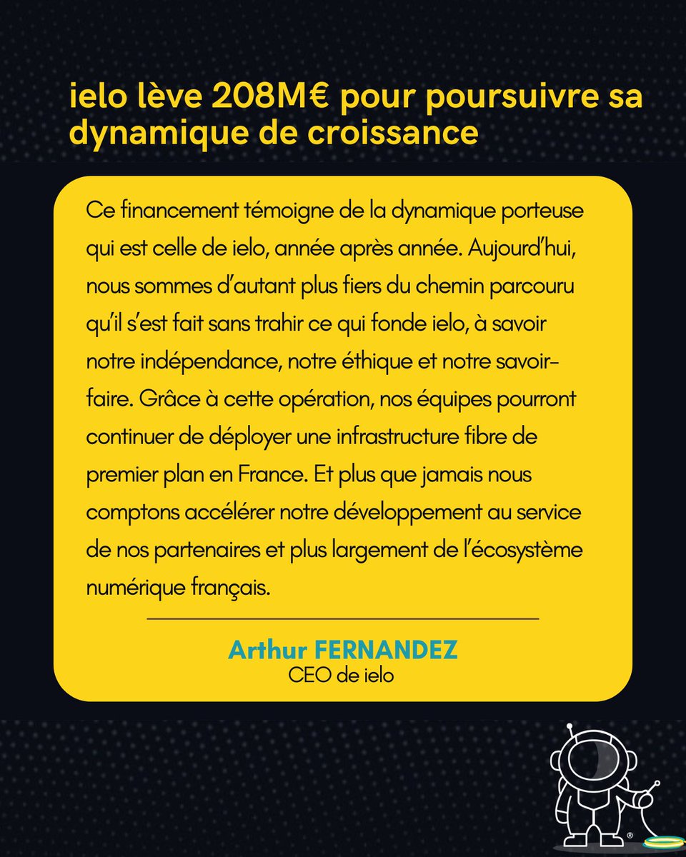 📣Alerte levée de fonds : ielo annonce un financement structuré de 208M€ auprès de banques internationales de premier plan pour poursuivre sa dynamique de croissance !

Plus d'informations via le communiqué  
👉bit.ly/levee-fonds-ie…

#ielo #telecoms #fibre #THD #neutralité