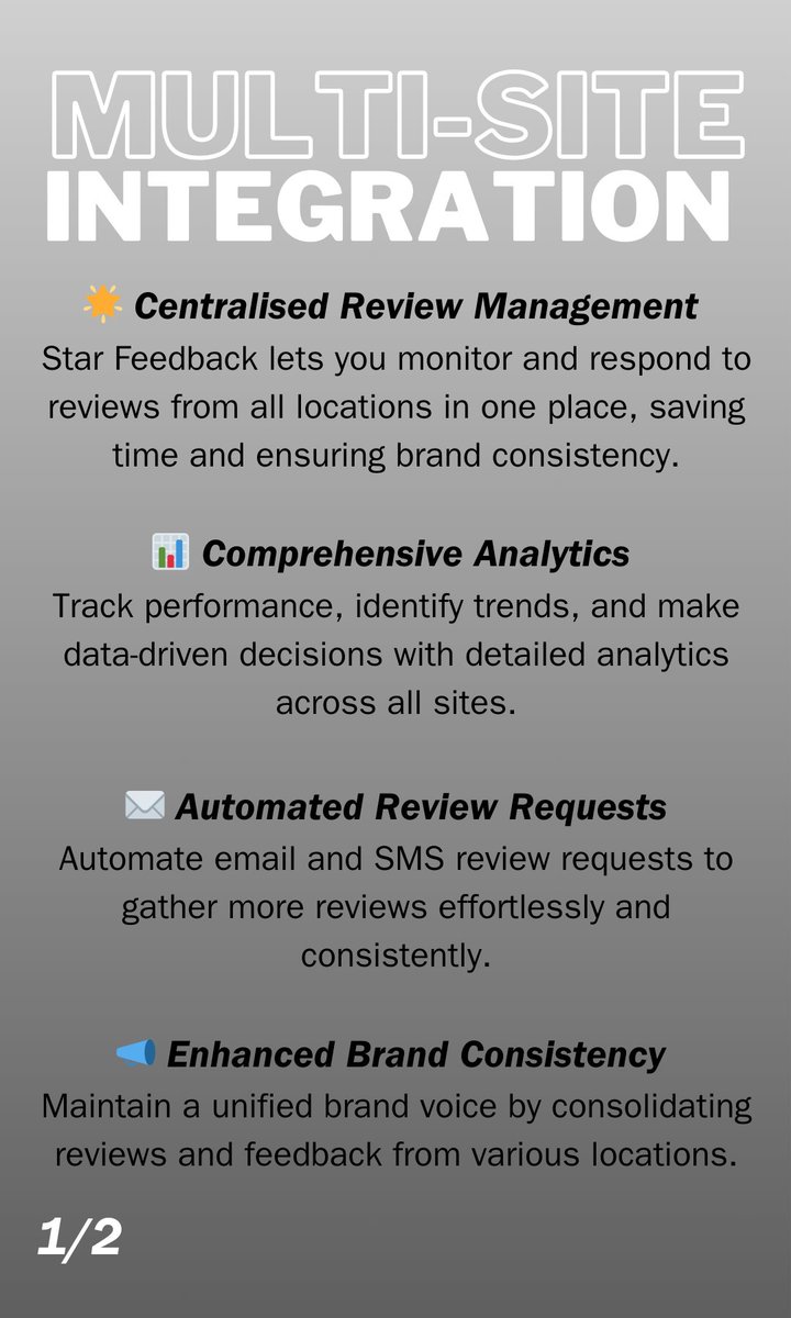 star_feedback's tweet image. 🌟 Key Benefits for Multisite Businesses with Star Feedback 🌟
Manage reviews from all locations in one place, automate review requests, and boost your online visibility. Enhance your brand and build customer trust effortlessly! #StarFeedback #MultiSiteBusiness