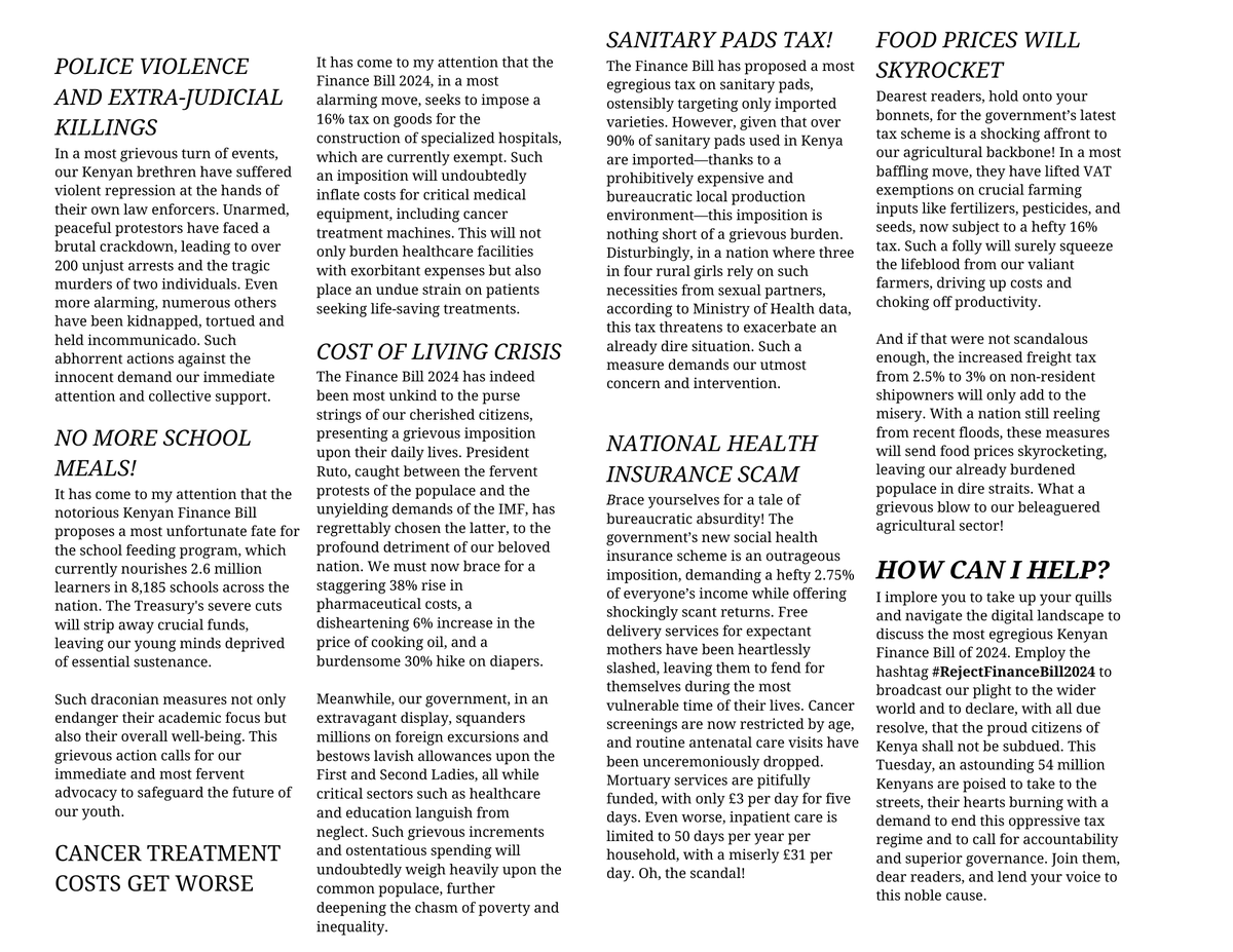 For Kenyans in the UK, 

I've created this pamphlet for you to share with the general public on the street, in trains and wherever you are, to explain why we're protesting

PDF Link(Print Double Sided): drive.google.com/file/d/1FIZRmz…

#RejectFinanceBill2024 #OccupyParliament