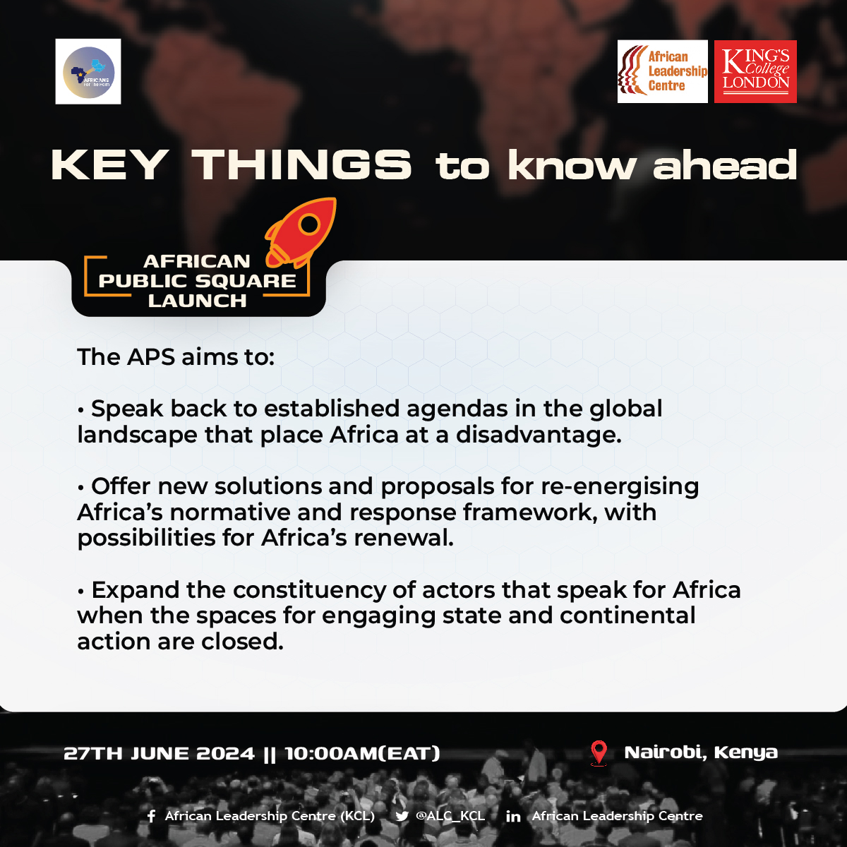 APS_ALC's tweet photo. Here are a few key points you should know ahead of the launch of the African Public Square (APS) by @ALC_KCL scheduled for June 27 in Nairobi, Kenya. ๐๐ฝ
More details here: https://t.co/mFM1nL4sdt
#APSLaunch #Africa2024 #KCLAfrica2024 #ALCNairobi https://t.co/FZf7kgJ7fd