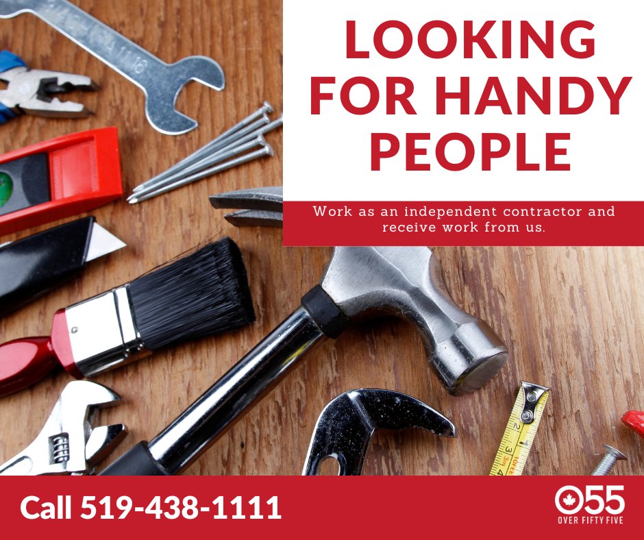 o55skills's tweet photo. Are you over 55 years? Are you looking to earn a residual income? Are you handy? Work as an independent contractor and receive work from us.
Contact 519-438-1111 to learn more!
#ldnont #handywork #work #hiring https://t.co/JBBMmpSE3s
