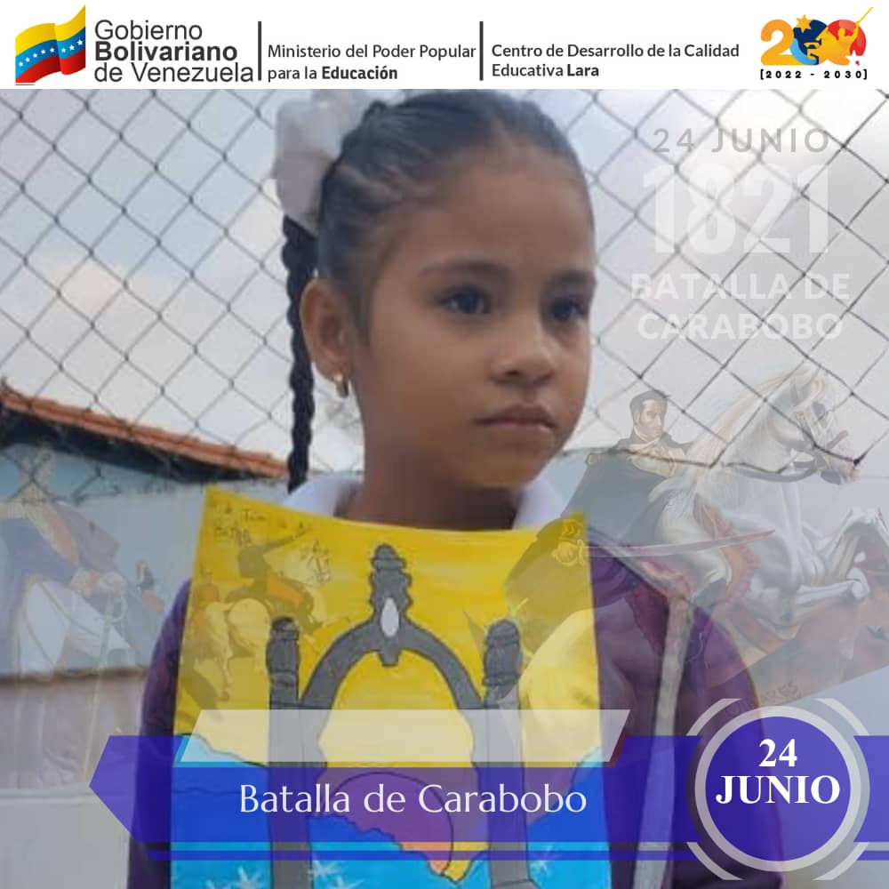 Centro de Desarrollo de la Calidad Educativa Lara (@cdcelara) on Twitter photo #24Jun ¡Viva Venezuela soberana!
Se cumplen 203 años de la victoria obtenida en la Batalla de Carabobo; una gesta que marcó para siempre nuestro camino de independencia.
<a href="/NicolasMaduro/">Nicolás Maduro</a>
@MPPEDUCACION
<a href="/_LaAvanzadora/">Yelitze Santaella</a>
<a href="/EleamerAbdala/">Eleamer Elkatrib</a>
#PatriaAntiimperialista #24Jun ¡Viva Venezuela soberana!
Se cumplen 203 años de la victoria obtenida en la Batalla de Carabobo; una gesta que marcó para siempre nuestro camino de independencia.
<a href="/NicolasMaduro/">Nicolás Maduro</a>
@MPPEDUCACION
<a href="/_LaAvanzadora/">Yelitze Santaella</a>
<a href="/EleamerAbdala/">Eleamer Elkatrib</a>
#PatriaAntiimperialista