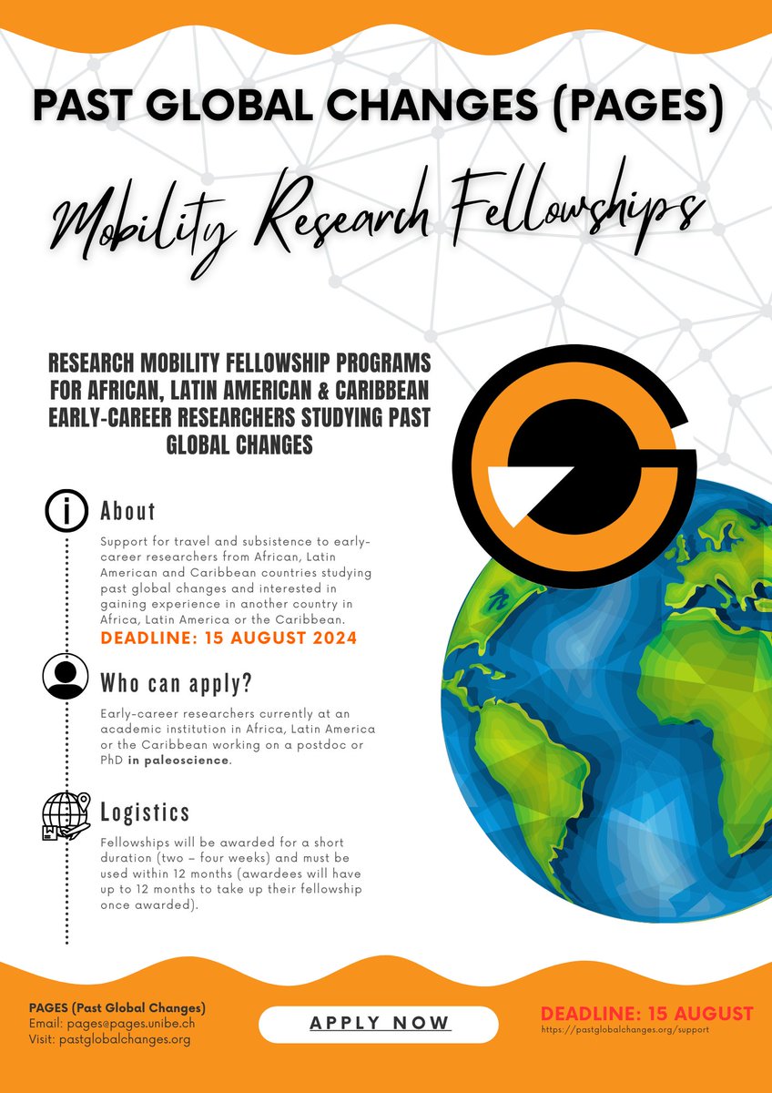 The deadline for the PAGES mobility fellowships is getting closer: 15 August! Please share this call with all African and Latin American and Caribbean (LAC) ECRs working in paleoscience!
Info: pastglobalchanges.org/news/137553