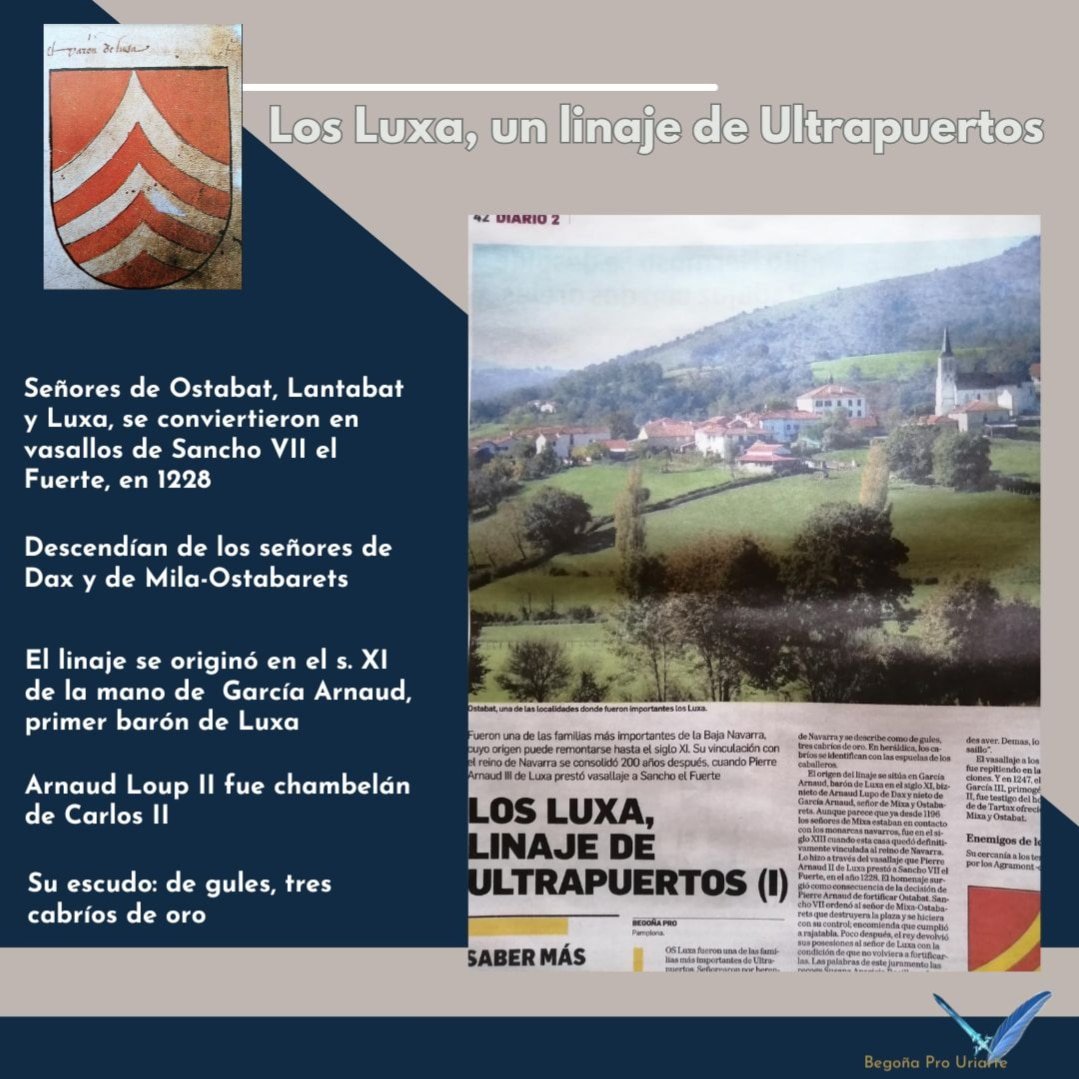 Los Luxa fueron señores de Ostabat, Lantabat y Luxa. Procedentes de Ultra puertos, se convirtieron en vasalos de los reyes de #navarra en el s. XIII.
Si escudo, de giles, tres cab|íos de plata. Hoy, en <a href="/DiariodeNavarra/">Diario de Navarra</a> #navarra #historiadenavarra #historia.