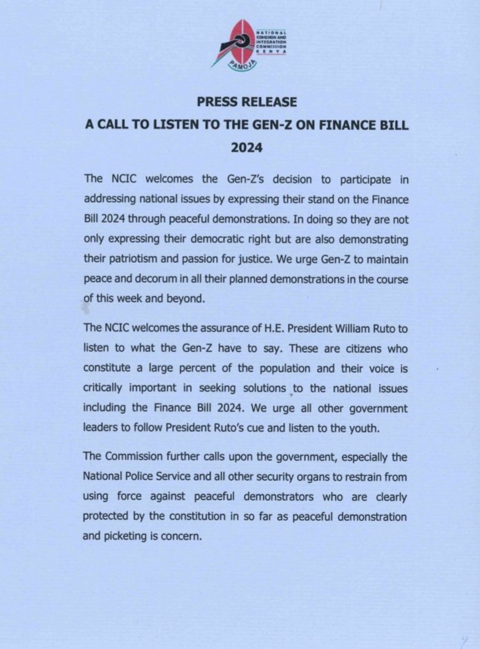 NCIC_Kenya's tweet photo. Official Press Release: A CALL to listen to the Gen-Z on the finance Bill 2024 https://t.co/pPphnApZdX