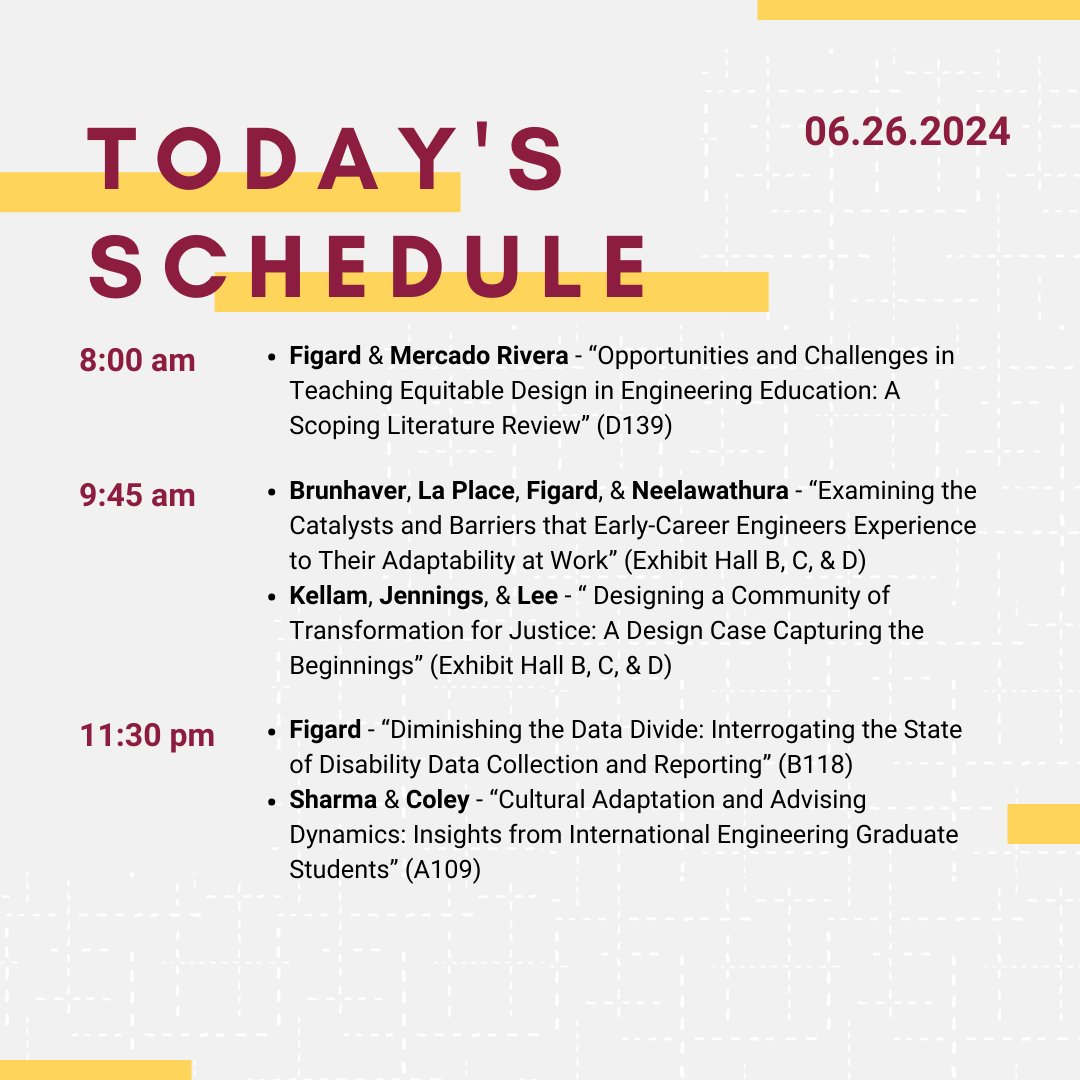 ASU_EESD's tweet photo. Check out Wednesday's (6/26) lineup for EESD presentations at the ASEE 2024 Annual Conference!
@ASEE_DC💛❤️#ASEE2024 #ASEEAnnual https://t.co/0XzMHfeWjY