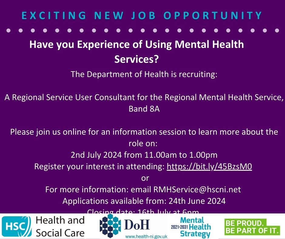📢The <a href="/healthdpt/">Department of Health</a> is appointing a Service User Consultant to the Regional Mental Health Service NI. 
➡️Job advert at bit.ly/4bgZHby 
Closing date: 16 July 2024 @ 6:00pm
More on this exciting opportunity and how to register for our info session at online.hscni.net/rmhs-user-info/