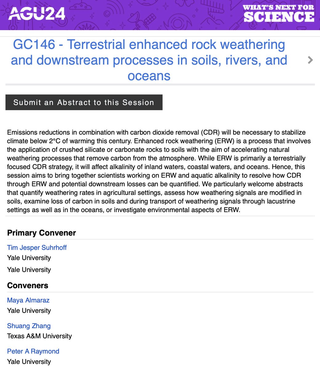 caceelab's tweet image. 📢Folks attending #AGU24, please consider submitting an abstract to our session: "GC146 - Terrestrial enhanced rock weathering and downstream processes in soils, rivers, and oceans"📈🌎/@climatejesper