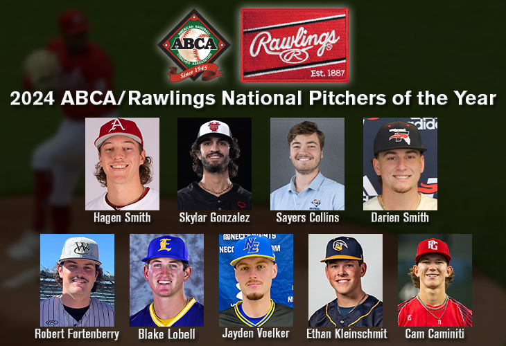 The ABCA and <a href="/RawlingsSports/">Rawlings Baseball</a> have announced the 2024 National Pitchers of the Year!

FULL ANNOUNCEMENT 📝 abca.org/ABCA/News/2024…

The ABCA/Rawlings Pitchers of the Year are selected by ABCA coaches committees from nine divisions of amateur baseball: NCAA Div. I, II &amp; III, NAIA,