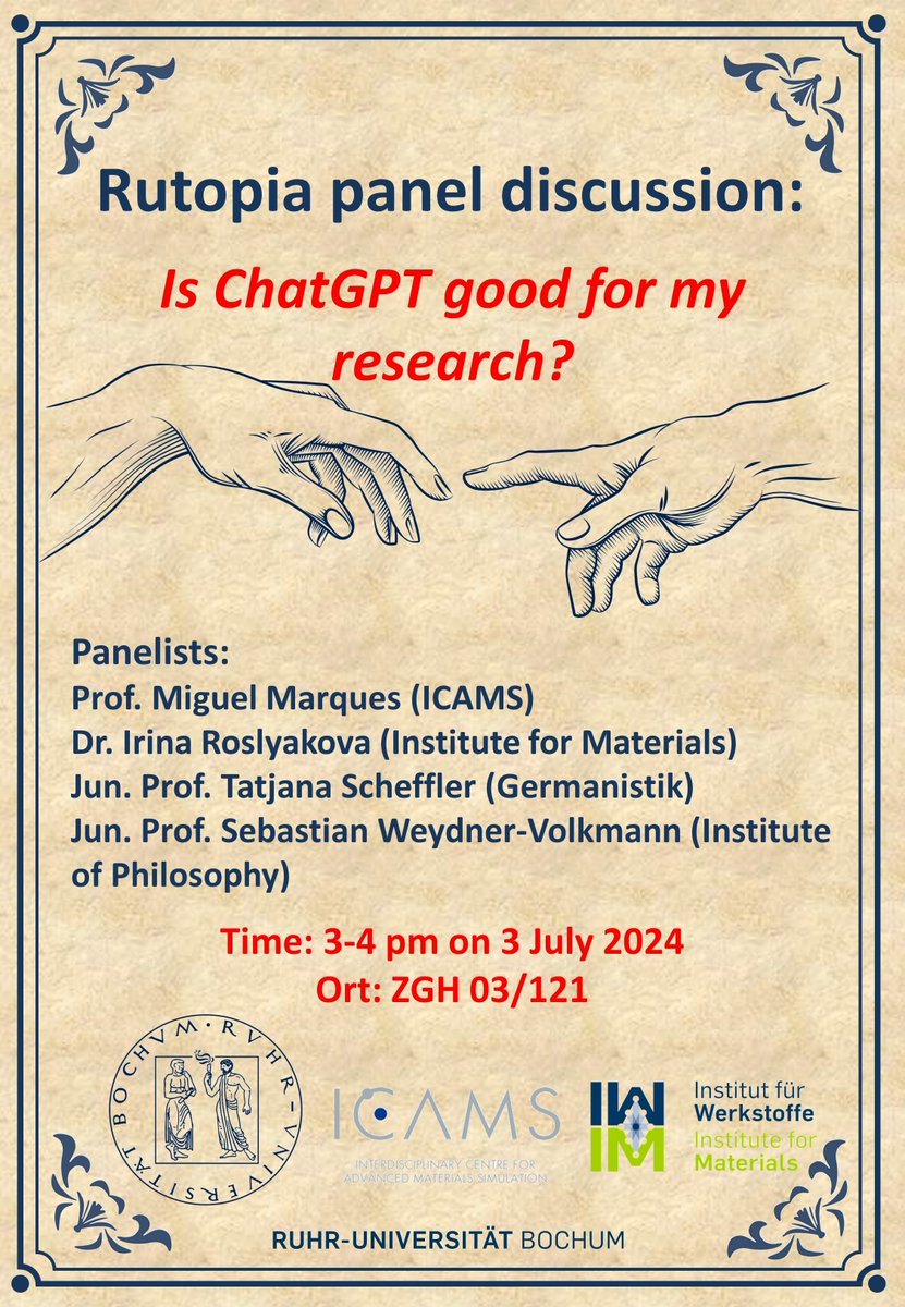 Tong Li@RUB (@temapt) on Twitter photo Our Rutopia panel discussion is back! We will discuss if chatGPT is good for our research? we have panelists from materials data scientists, linguists and professor from Philosophy! Bring your coffee and see you next week😎 Our Rutopia panel discussion is back! We will discuss if chatGPT is good for our research? we have panelists from materials data scientists, linguists and professor from Philosophy! Bring your coffee and see you next week😎